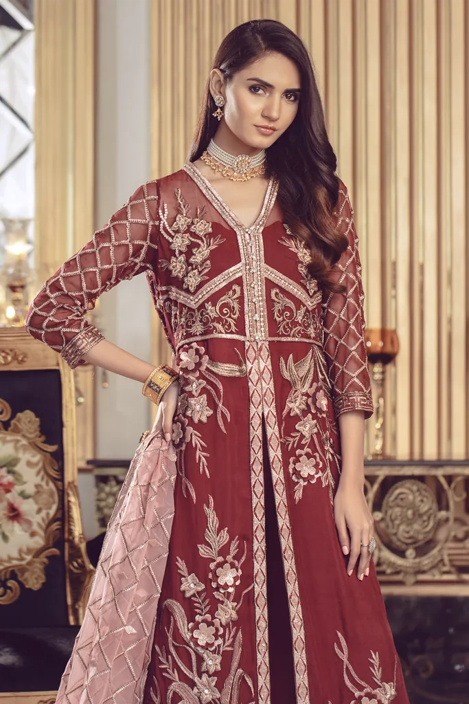 Chiffon embroidered Pakistani formal eid dress in maroon color # P2491