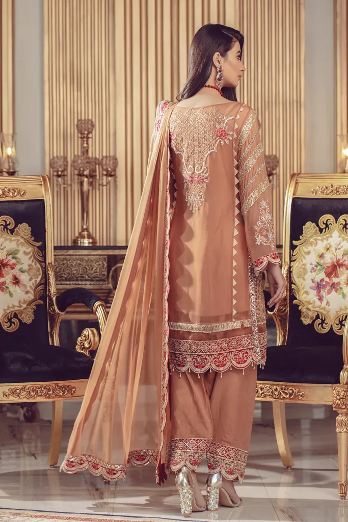 Chiffon embroidered Pakistani formal eid dress in rust color # P2492