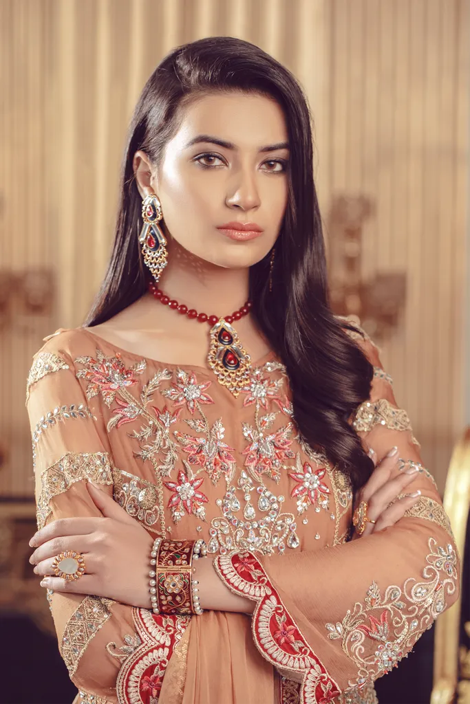 Chiffon embroidered Pakistani formal eid dress in rust color # P2492