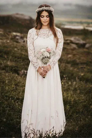 Chiffon Lace A-line Bateau Long Sleeves Wedding Dresses, Bridal Gown, MW846