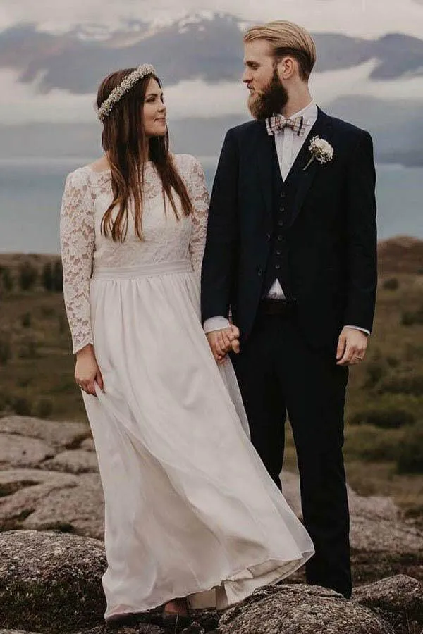 Chiffon Lace A-line Bateau Long Sleeves Wedding Dresses, Bridal Gown, MW846