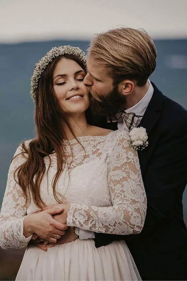 Chiffon Lace A-line Bateau Long Sleeves Wedding Dresses, Bridal Gown, MW846