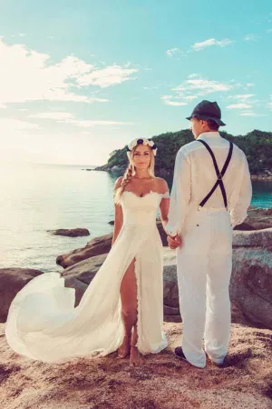 Chiffon Lace Off-the-Shoulder Beach Wedding Dresses With Side Slit, MW827