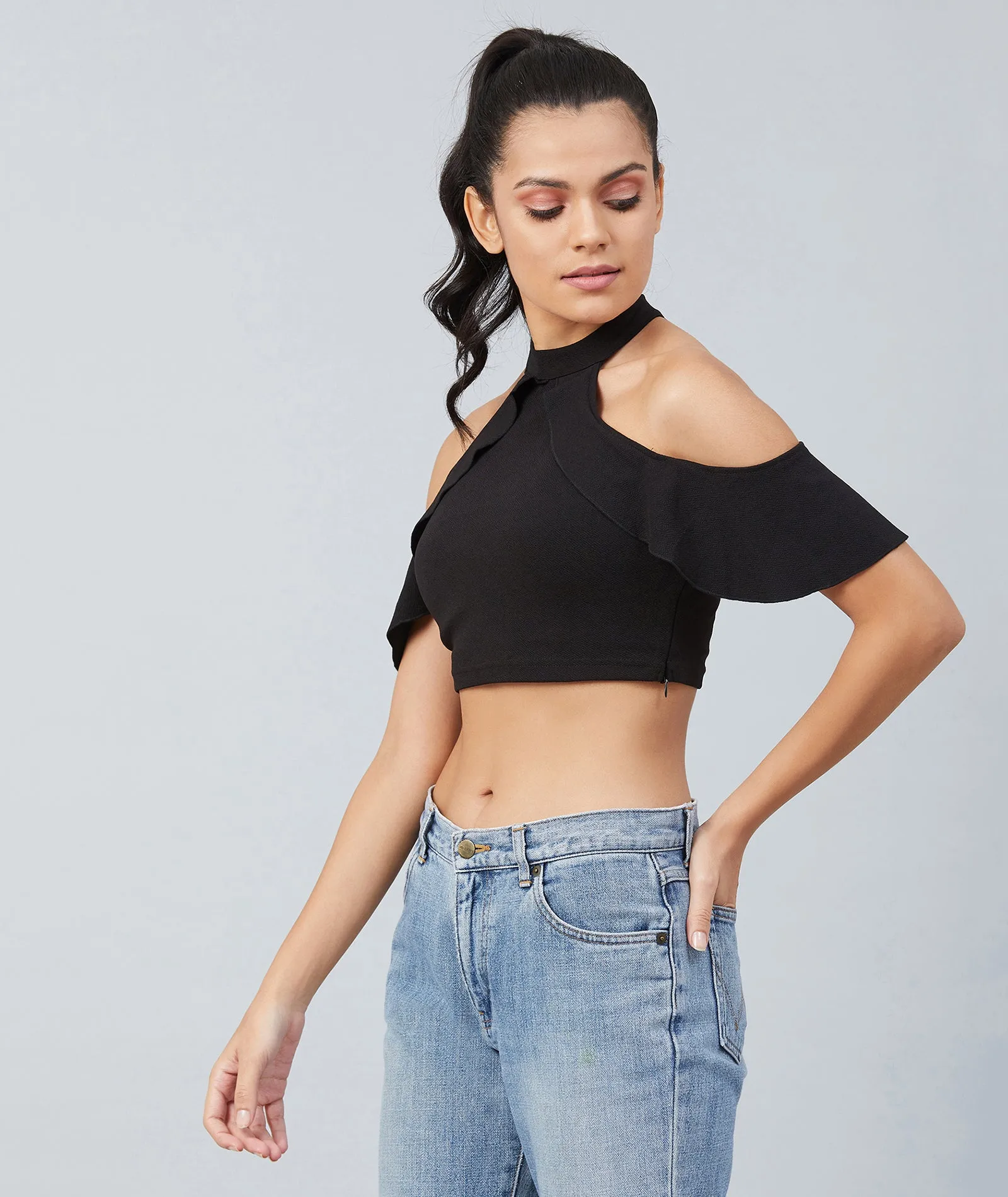 Chimpaaanzee Women Black Cold Shoulder  Style Crop Top