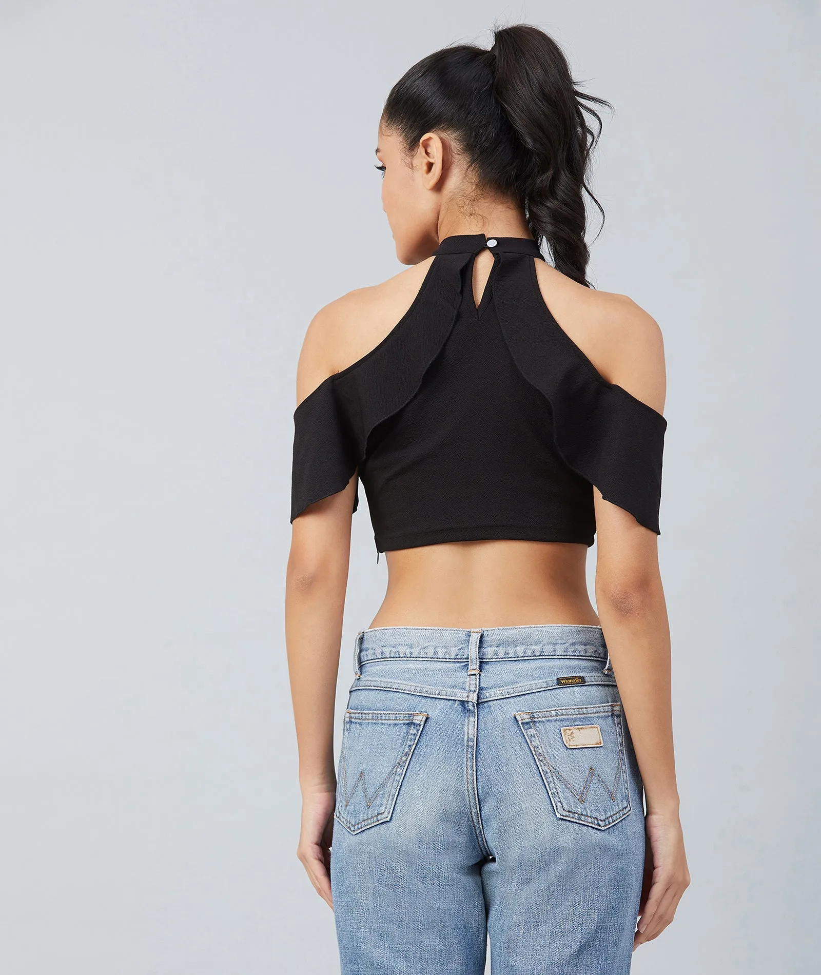 Chimpaaanzee Women Black Cold Shoulder  Style Crop Top