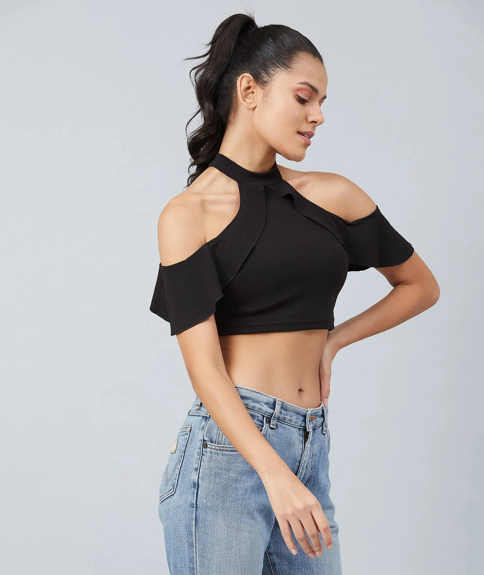 Chimpaaanzee Women Black Cold Shoulder  Style Crop Top
