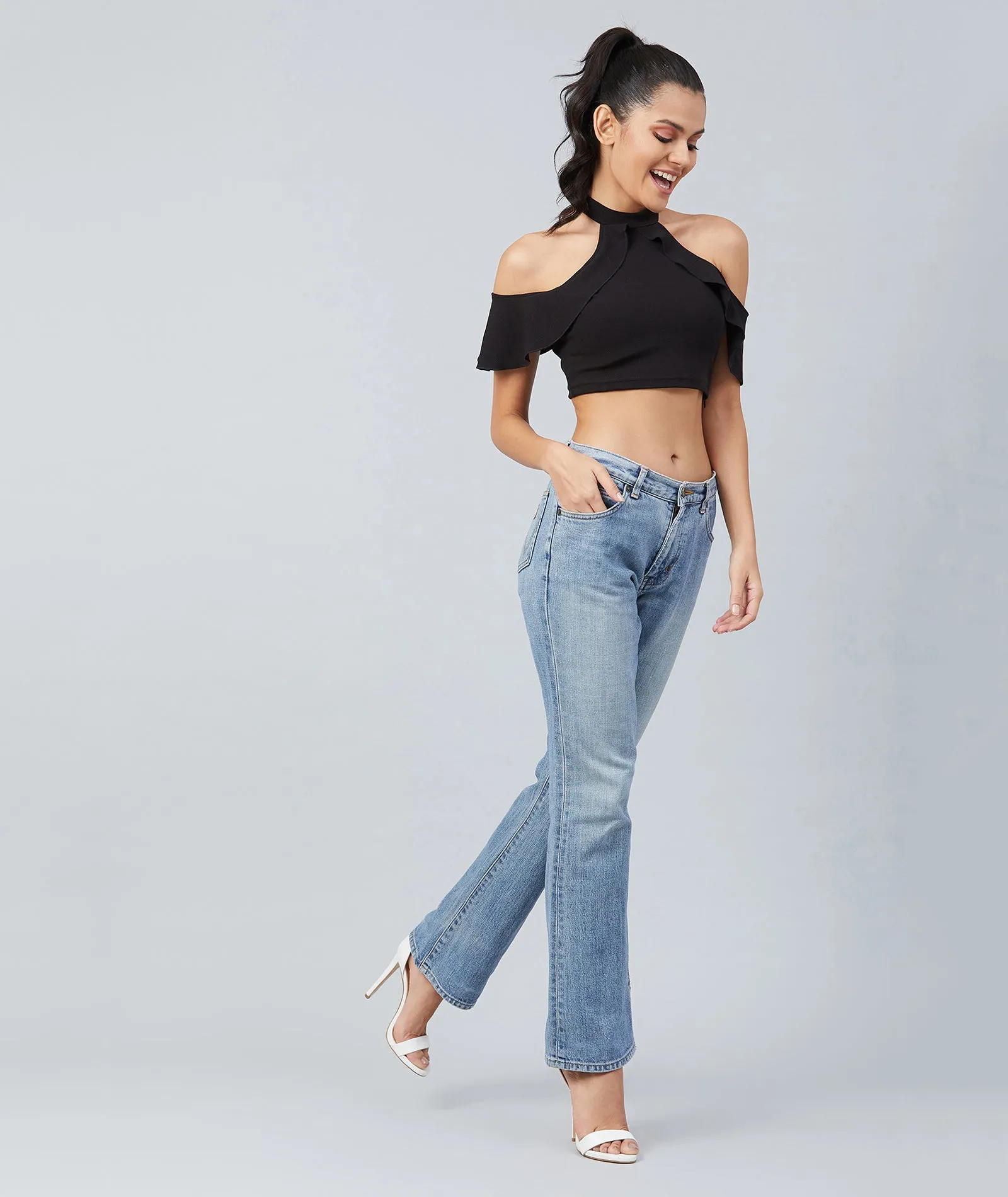 Chimpaaanzee Women Black Cold Shoulder  Style Crop Top
