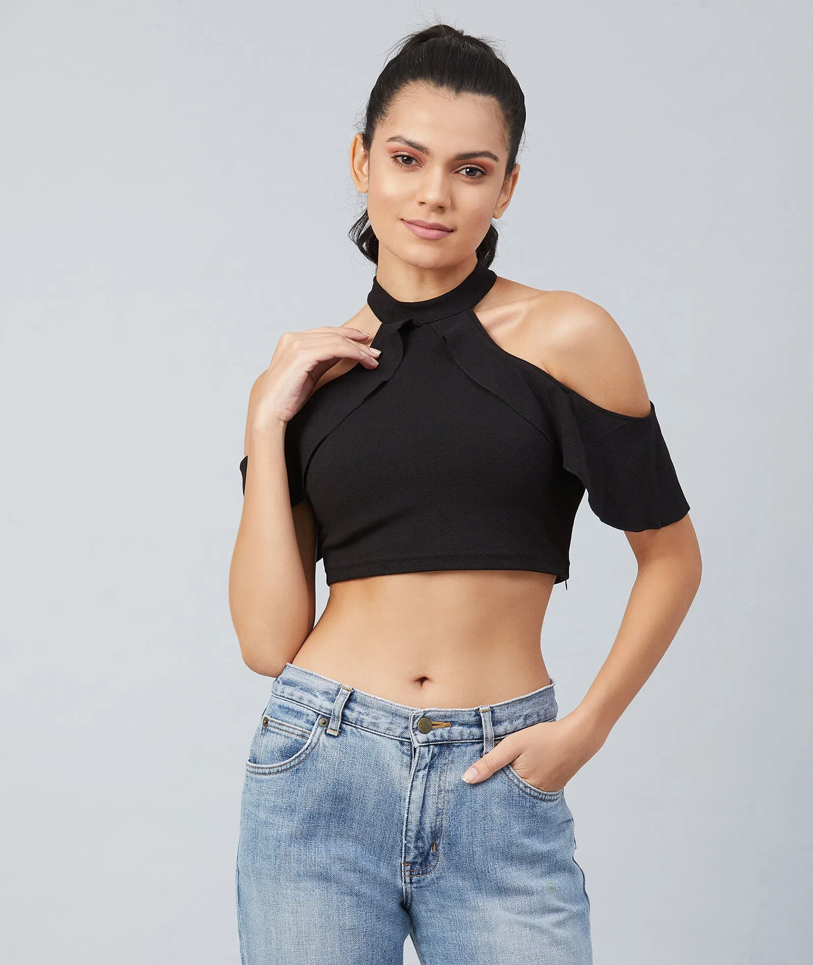 Chimpaaanzee Women Black Cold Shoulder  Style Crop Top