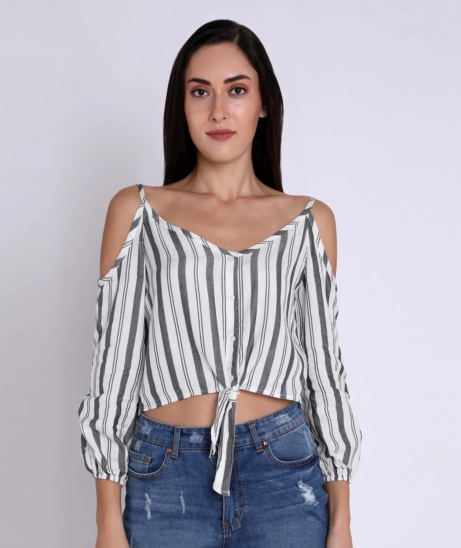 Chimpaaanzee Women Cold Shoulder Knotted Top