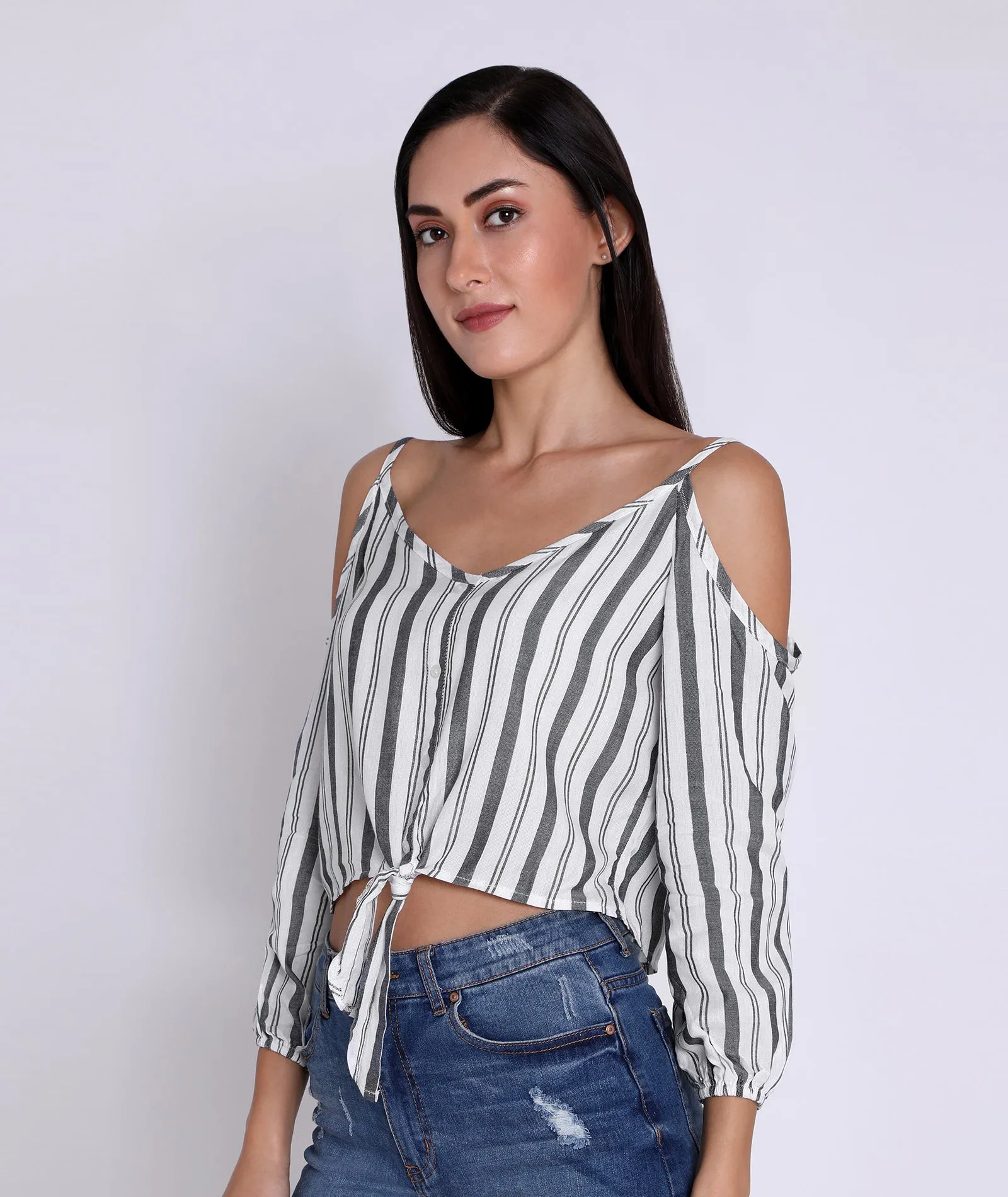 Chimpaaanzee Women Cold Shoulder Knotted Top