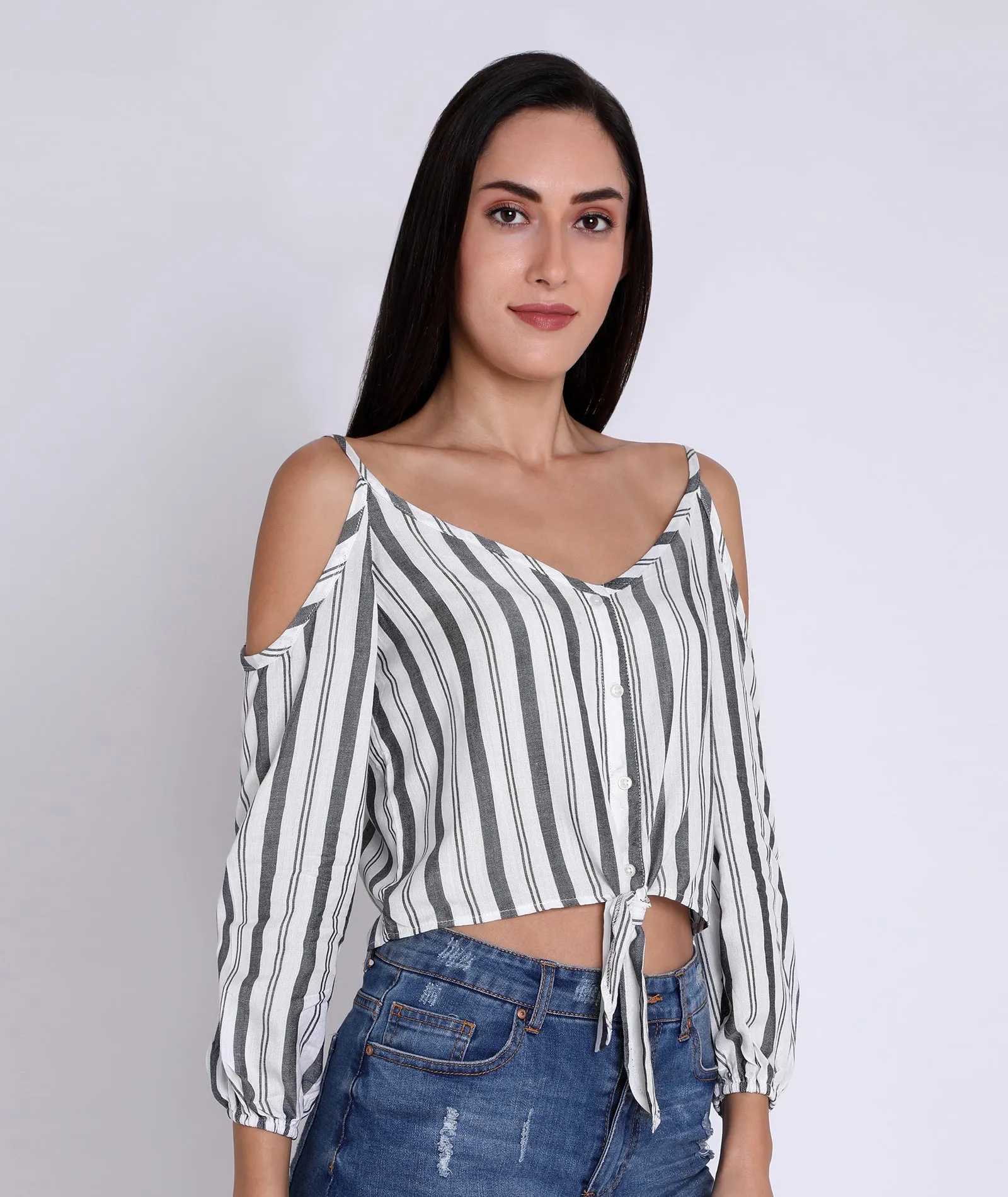 Chimpaaanzee Women Cold Shoulder Knotted Top