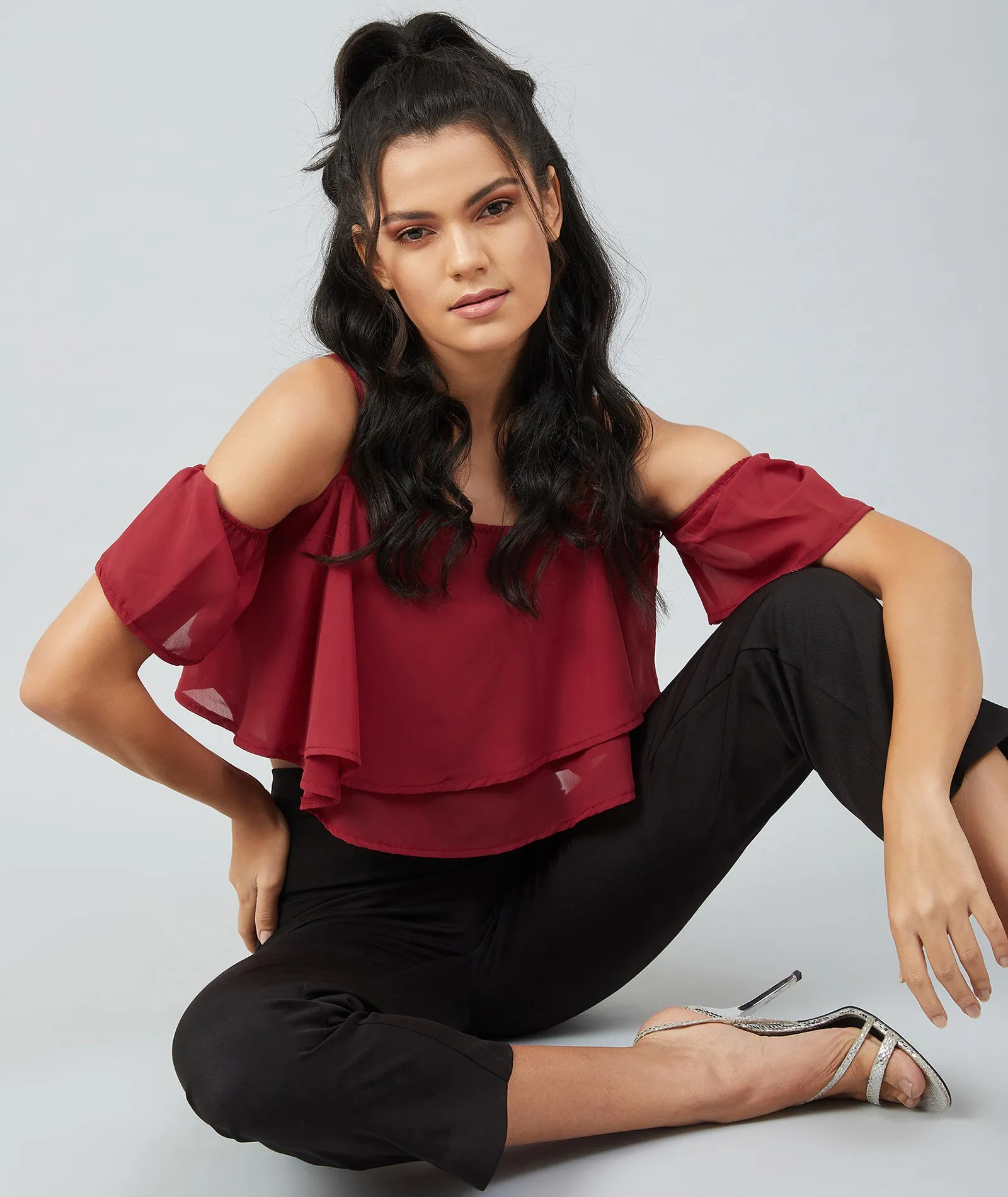Chimpaaanzee women Maroon Georgette Noodle Strap Cold Shoulder Crop top
