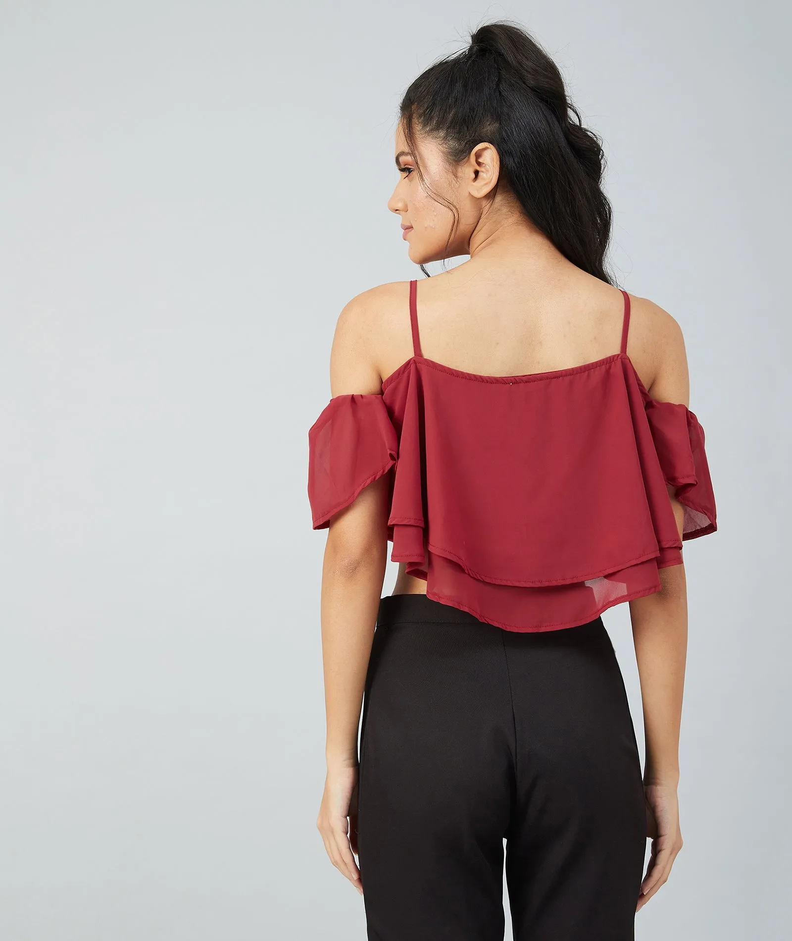 Chimpaaanzee women Maroon Georgette Noodle Strap Cold Shoulder Crop top