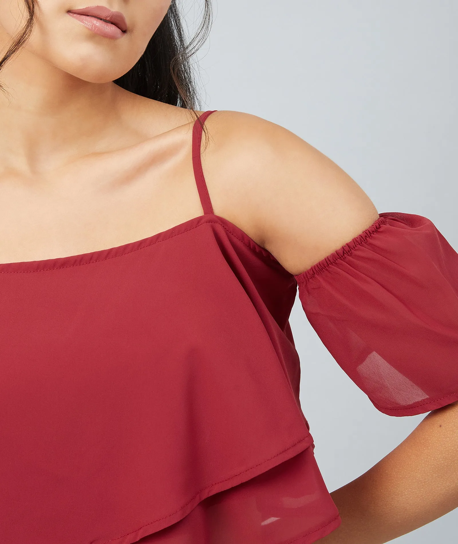 Chimpaaanzee women Maroon Georgette Noodle Strap Cold Shoulder Crop top