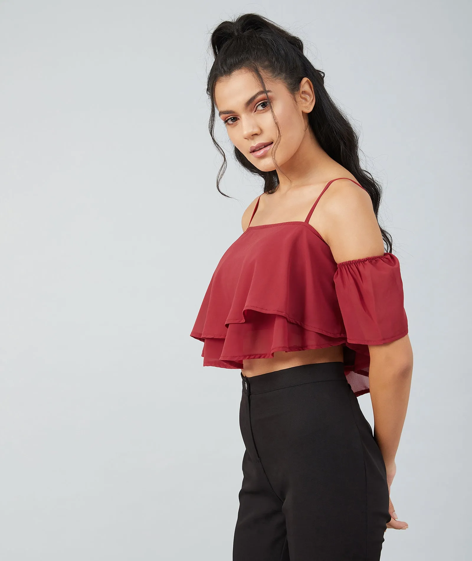 Chimpaaanzee women Maroon Georgette Noodle Strap Cold Shoulder Crop top