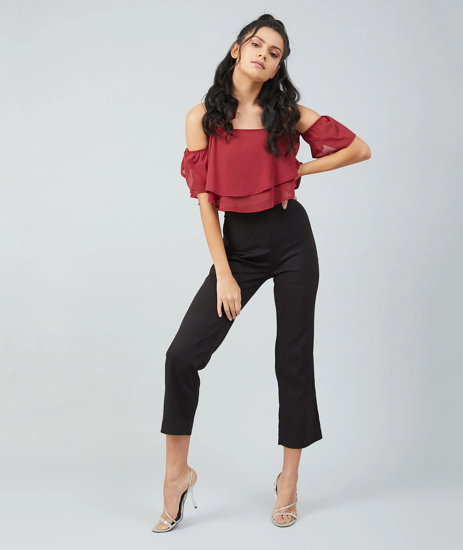 Chimpaaanzee women Maroon Georgette Noodle Strap Cold Shoulder Crop top