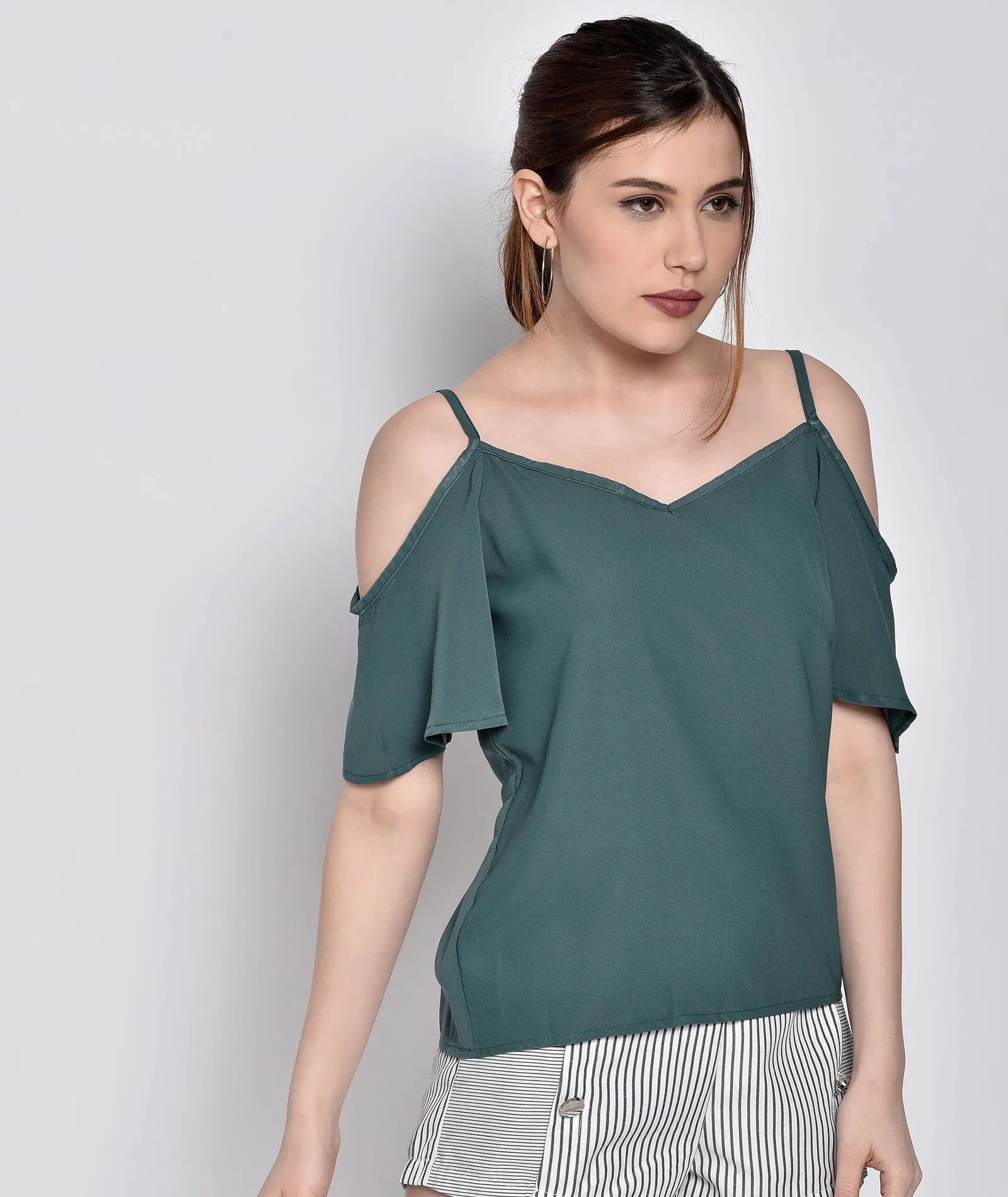Chimpaaanzee Women Polyester Cold Shoulder Green Top