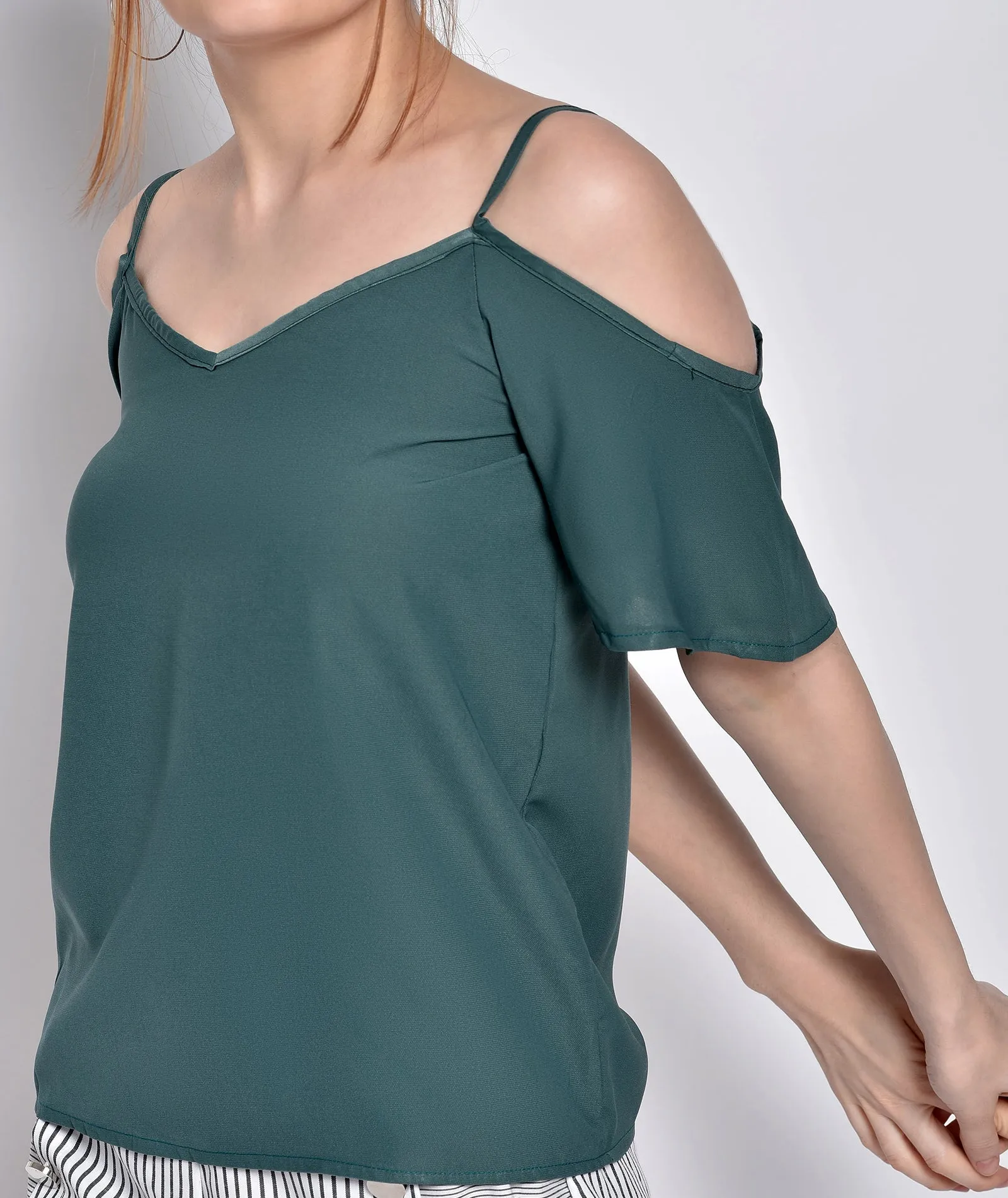Chimpaaanzee Women Polyester Cold Shoulder Green Top