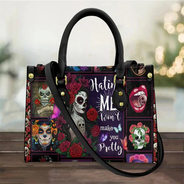 Christianart Personalized Gifts For Women, Purple Skull Leather Bag Handbag Purse for Women Fashion Small Casual Tote Luxury Shoulder Messenger Bolsa Female.