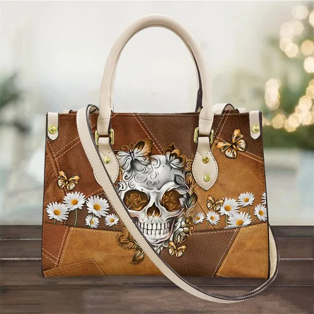 Christianart Personalized Gifts For Women, Purple Skull Leather Bag Handbag Purse for Women Fashion Small Casual Tote Luxury Shoulder Messenger Bolsa Female.