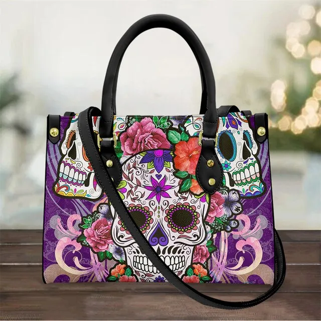 Christianart Personalized Gifts For Women, Purple Skull Leather Bag Handbag Purse for Women Fashion Small Casual Tote Luxury Shoulder Messenger Bolsa Female.