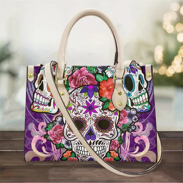 Christianart Personalized Gifts For Women, Purple Skull Leather Bag Handbag Purse for Women Fashion Small Casual Tote Luxury Shoulder Messenger Bolsa Female.