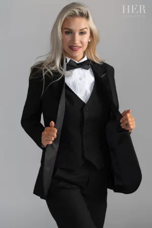Classic Black Short Peak Lapel Tuxedo Suit (Pants With Tuxedo Stripe)(Two Piece) (Slim Fit)