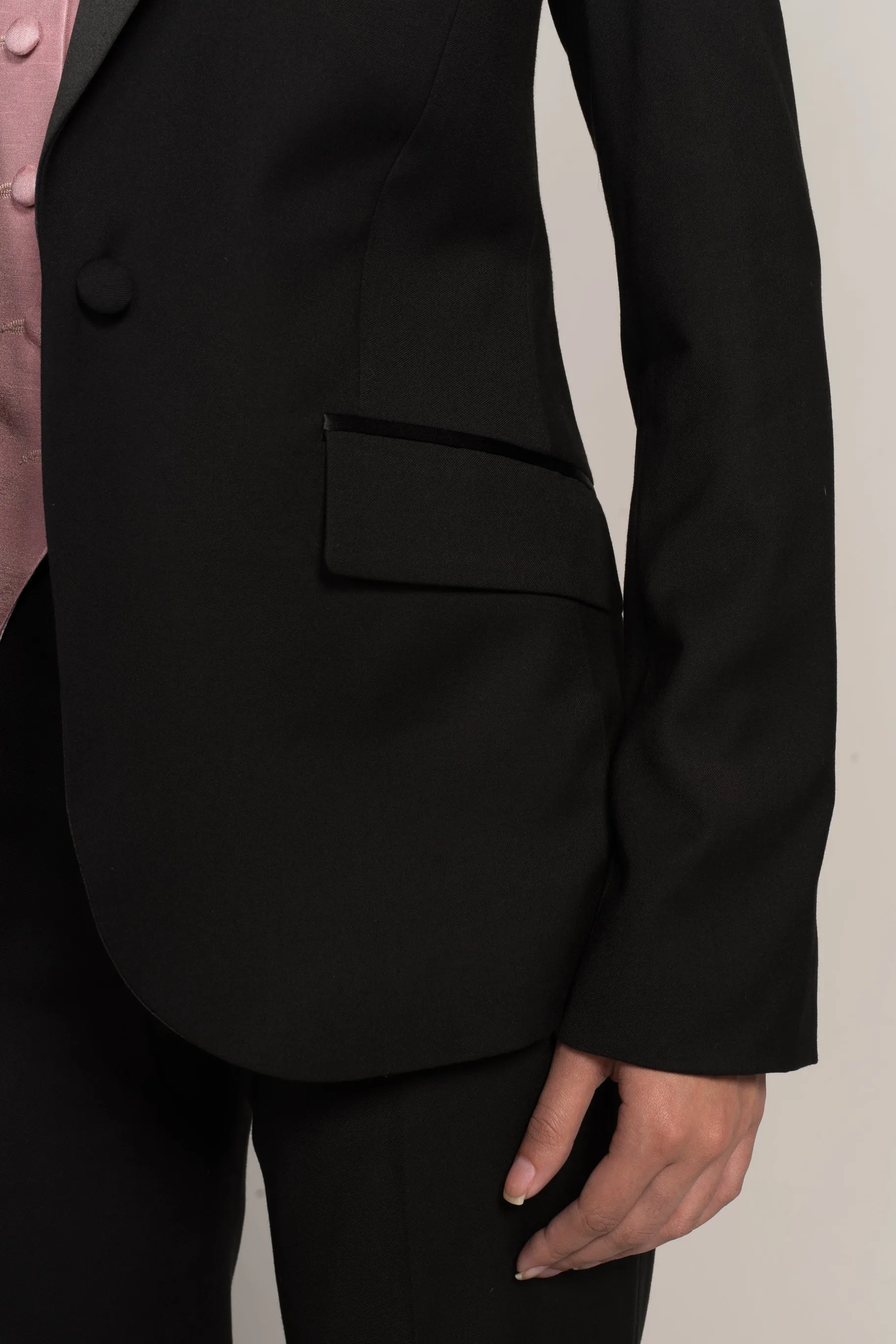 Classic Black Short Peak Lapel Tuxedo Suit (Pants With Tuxedo Stripe)(Two Piece) (Slim Fit)