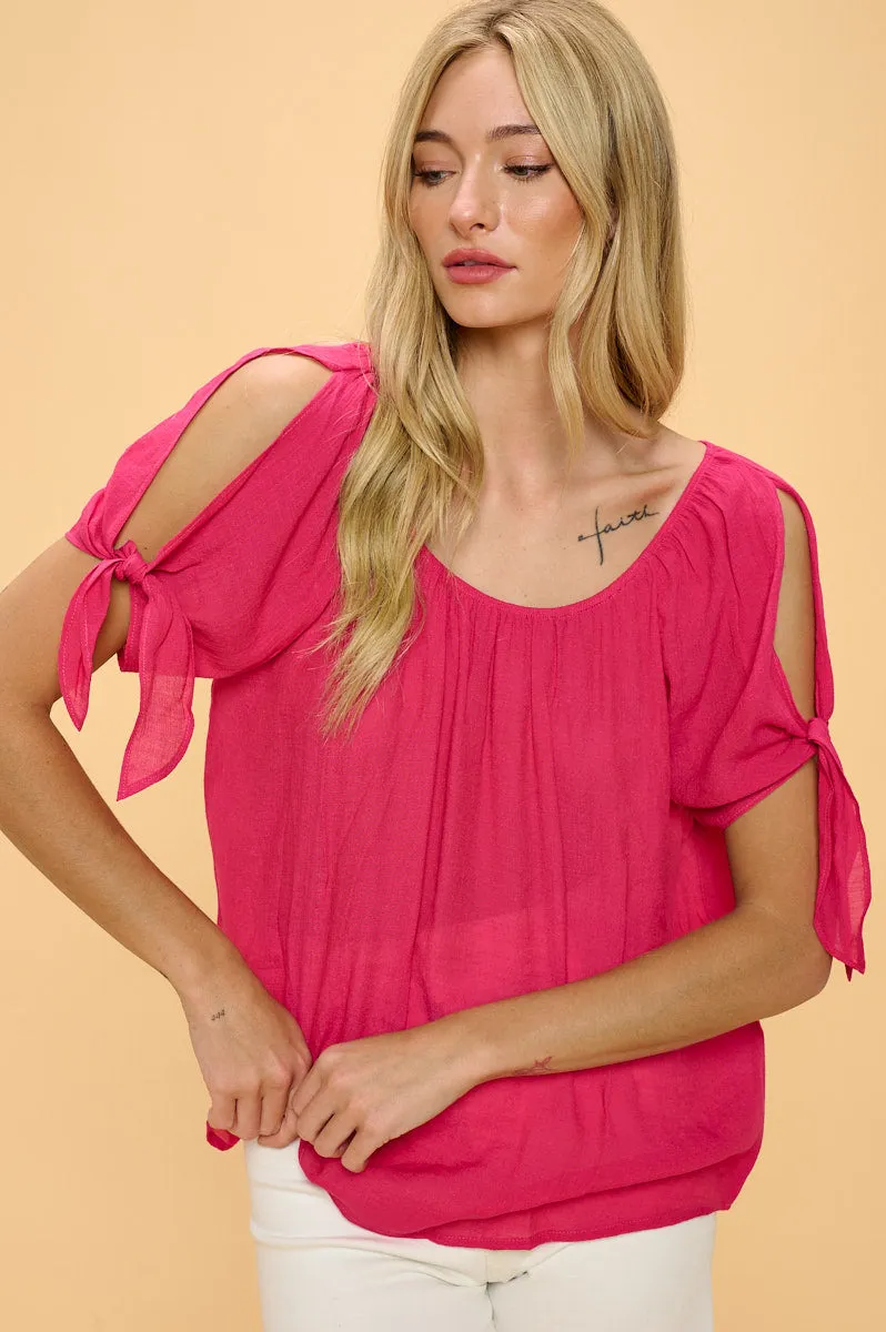 COLD SHOULDER SLIT TIE PEASANT BLOUSE TOP