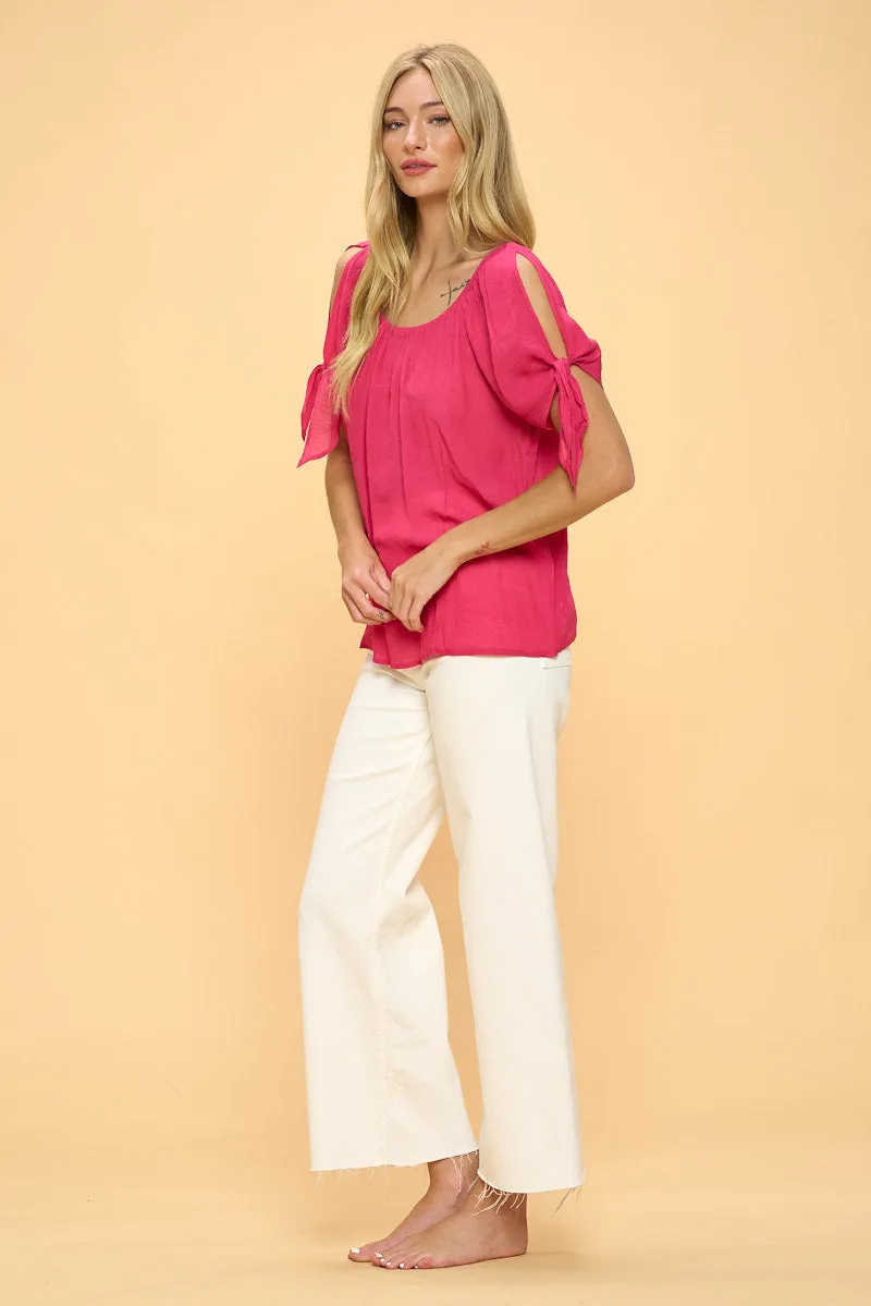 COLD SHOULDER SLIT TIE PEASANT BLOUSE TOP