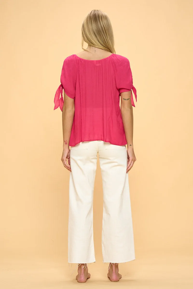 COLD SHOULDER SLIT TIE PEASANT BLOUSE TOP