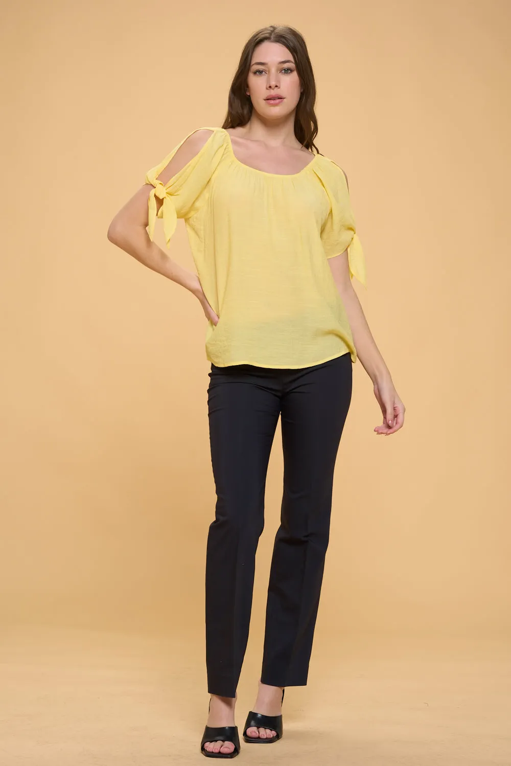 COLD SHOULDER SLIT TIE PEASANT BLOUSE TOP