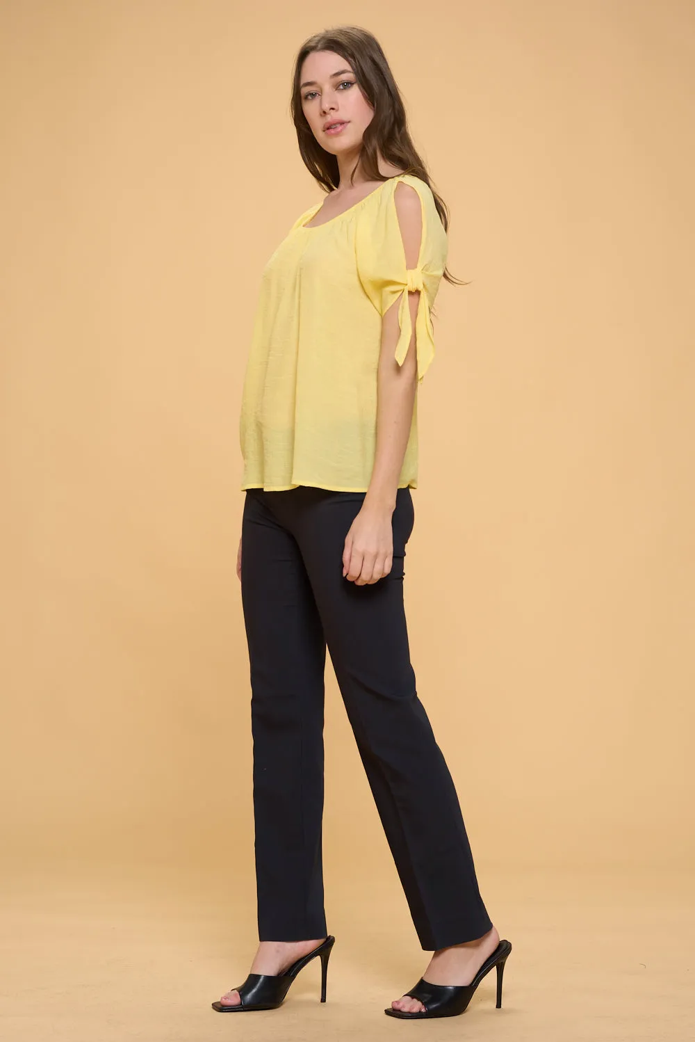 COLD SHOULDER SLIT TIE PEASANT BLOUSE TOP