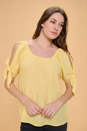 COLD SHOULDER SLIT TIE PEASANT BLOUSE TOP