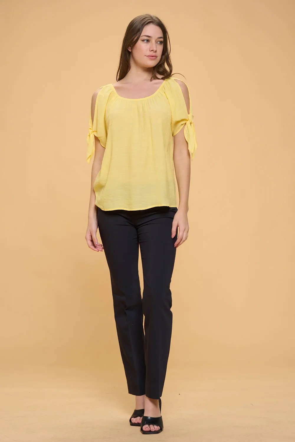 COLD SHOULDER SLIT TIE PEASANT BLOUSE TOP