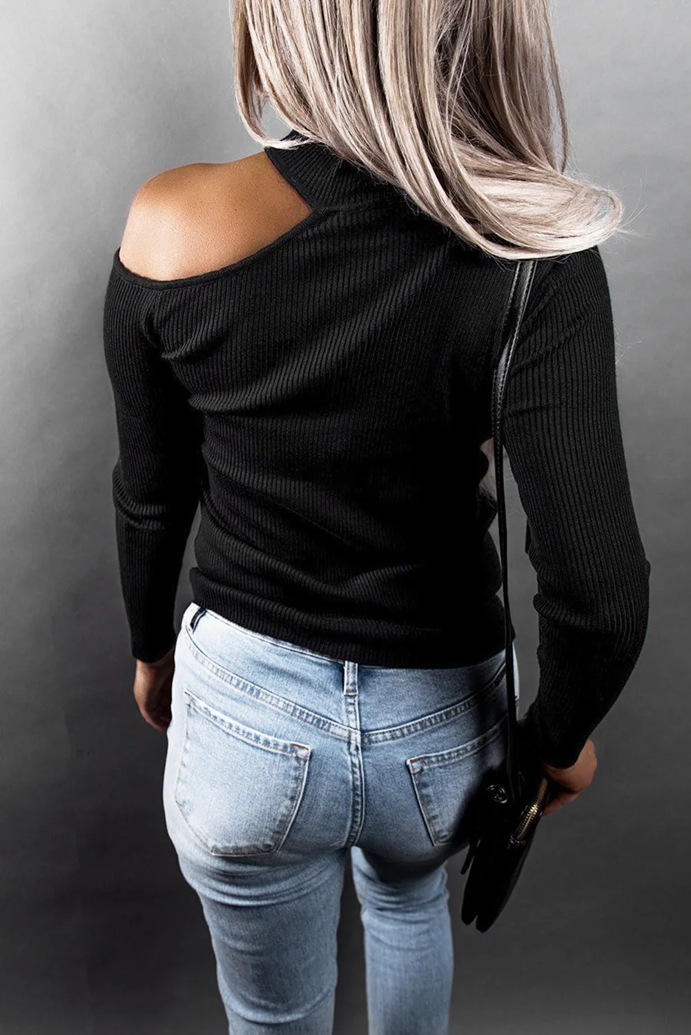 Cold Shoulder Solid Color Ribbed Texture Long Sleeve Top