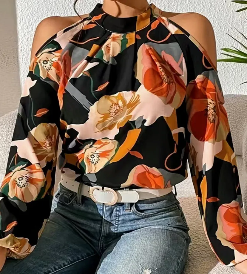 Cold shoulder tie back top