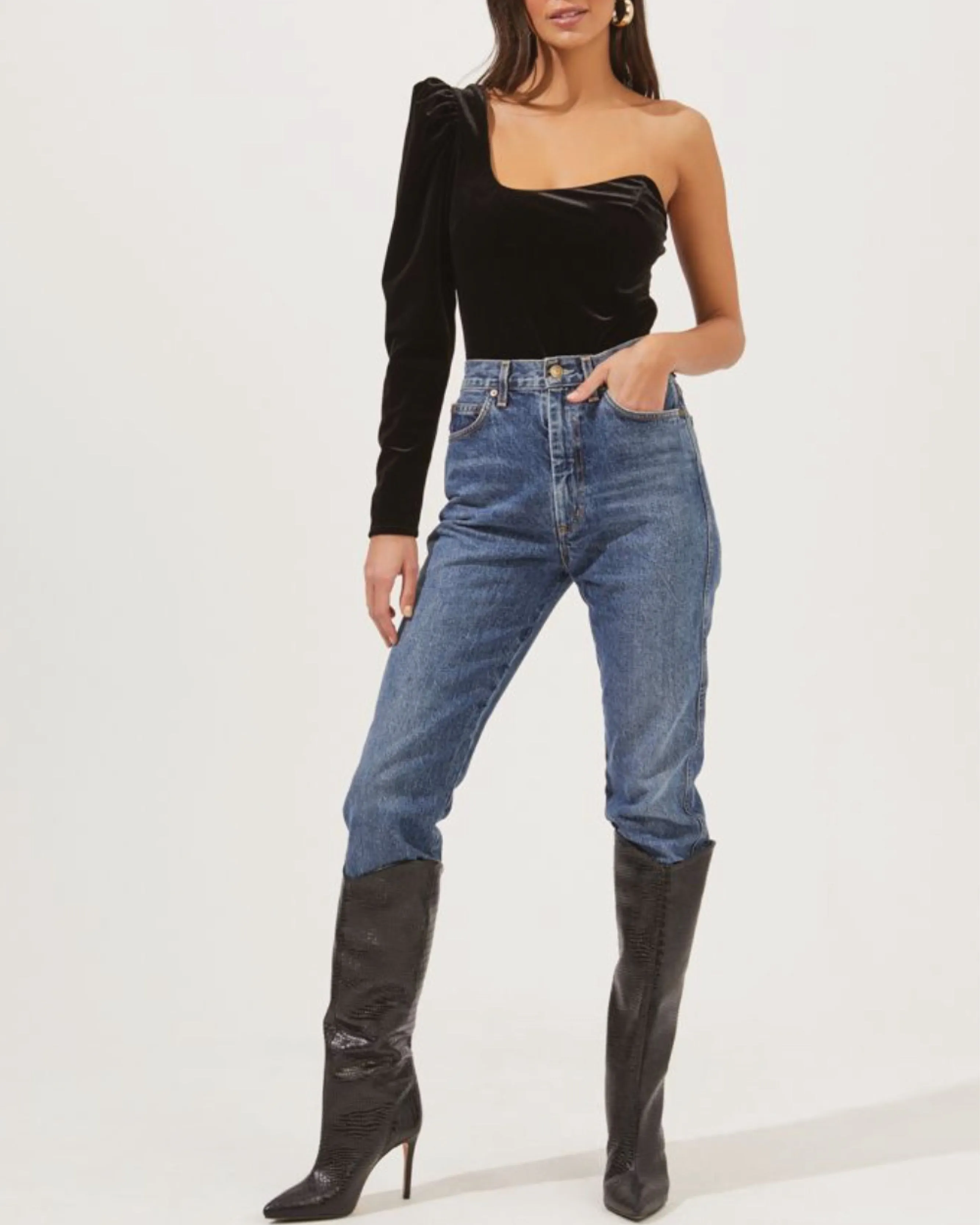 Cold Shoulder Velvet Bodysuit - Black