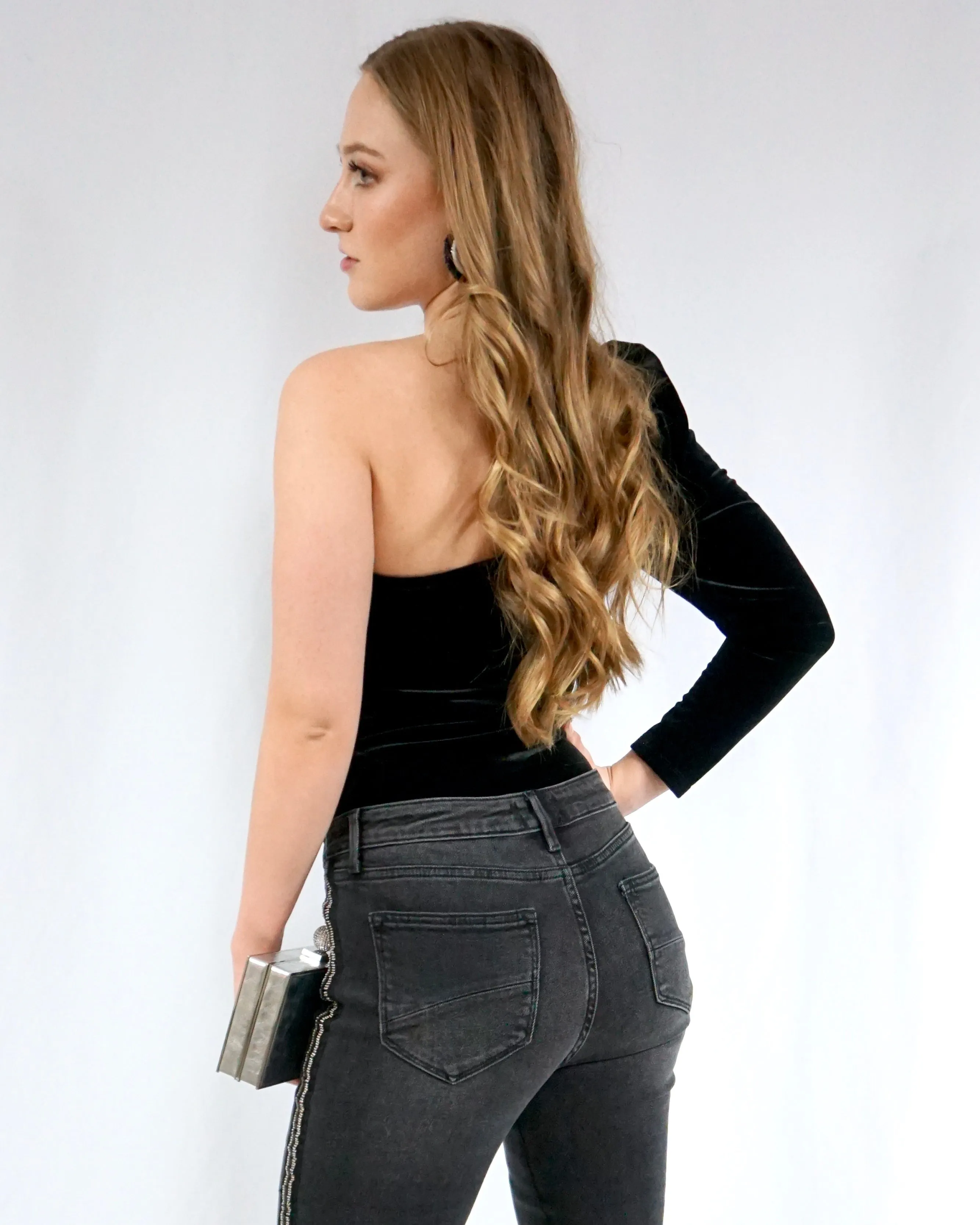 Cold Shoulder Velvet Bodysuit - Black