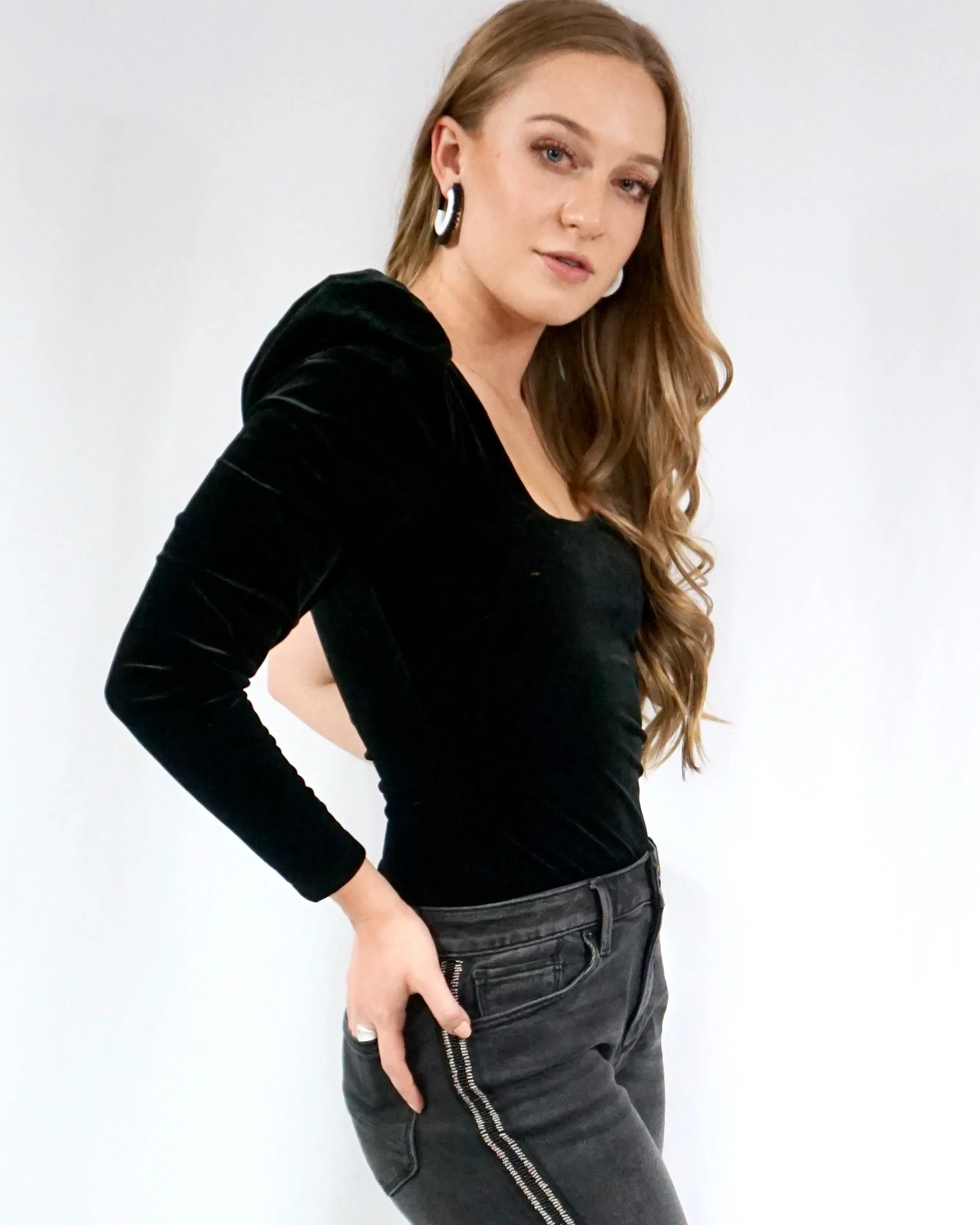 Cold Shoulder Velvet Bodysuit - Black