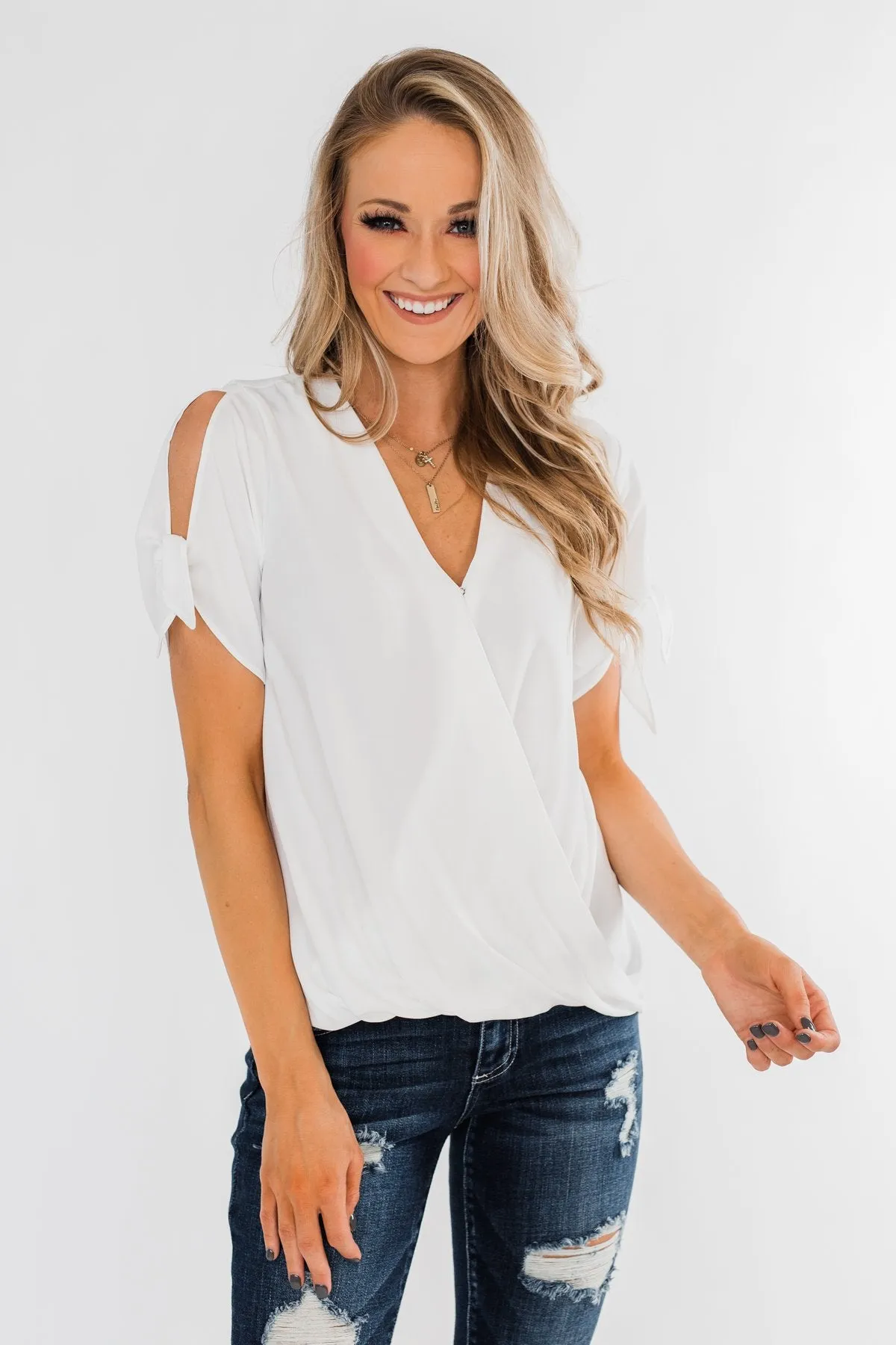 Cold Shoulder Wrap Blouse- Off White