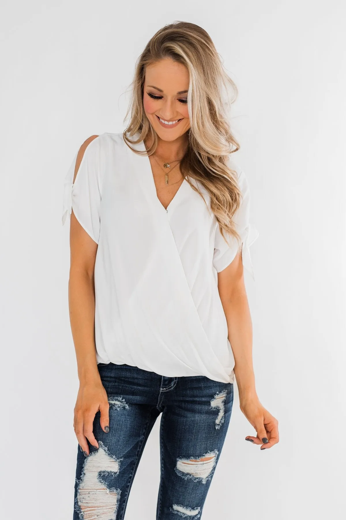Cold Shoulder Wrap Blouse- Off White
