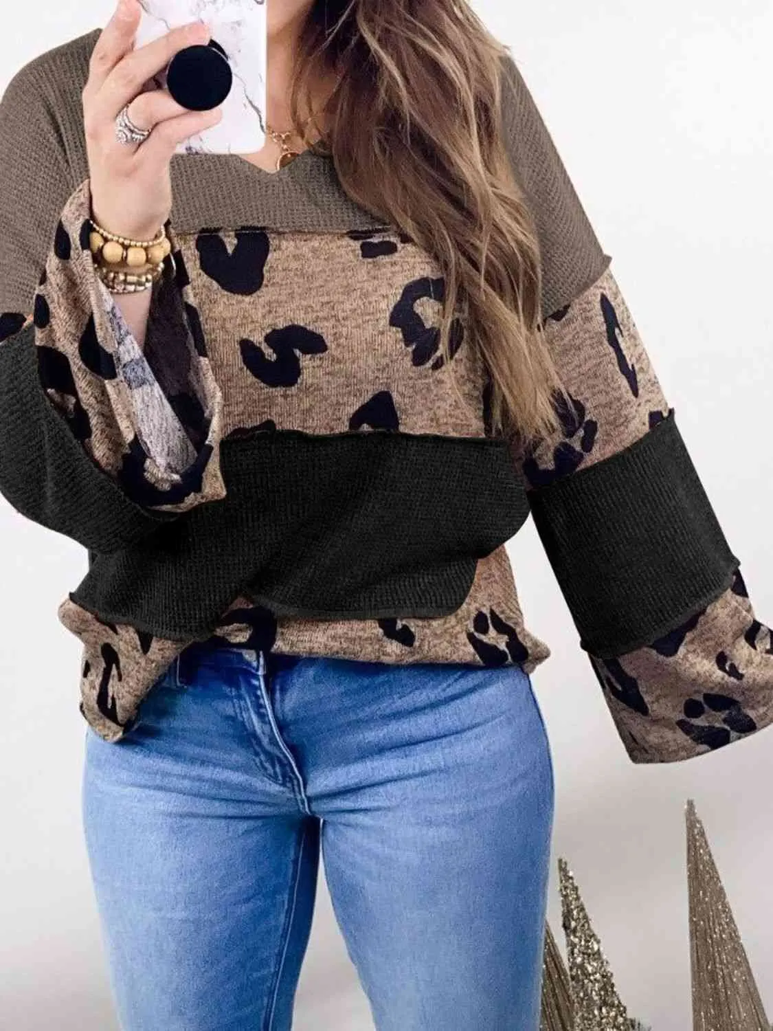 Color Block Leopard V-Neck Blouse (2 Colors)