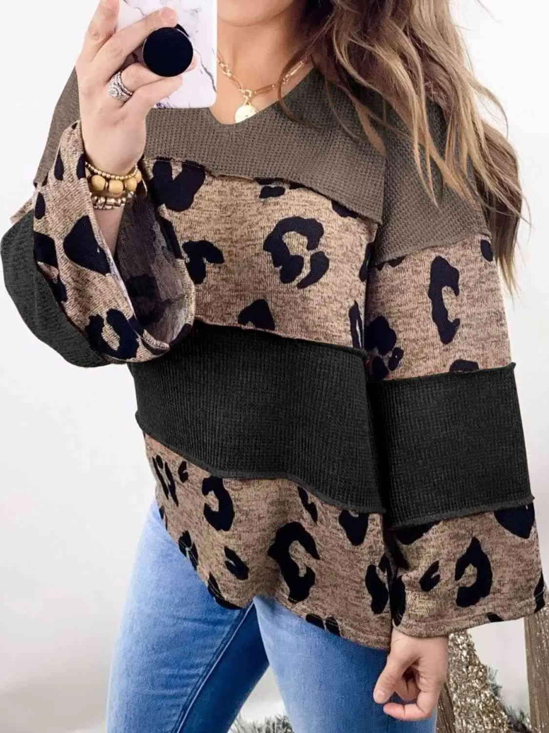 Color Block Leopard V-Neck Blouse (2 Colors)