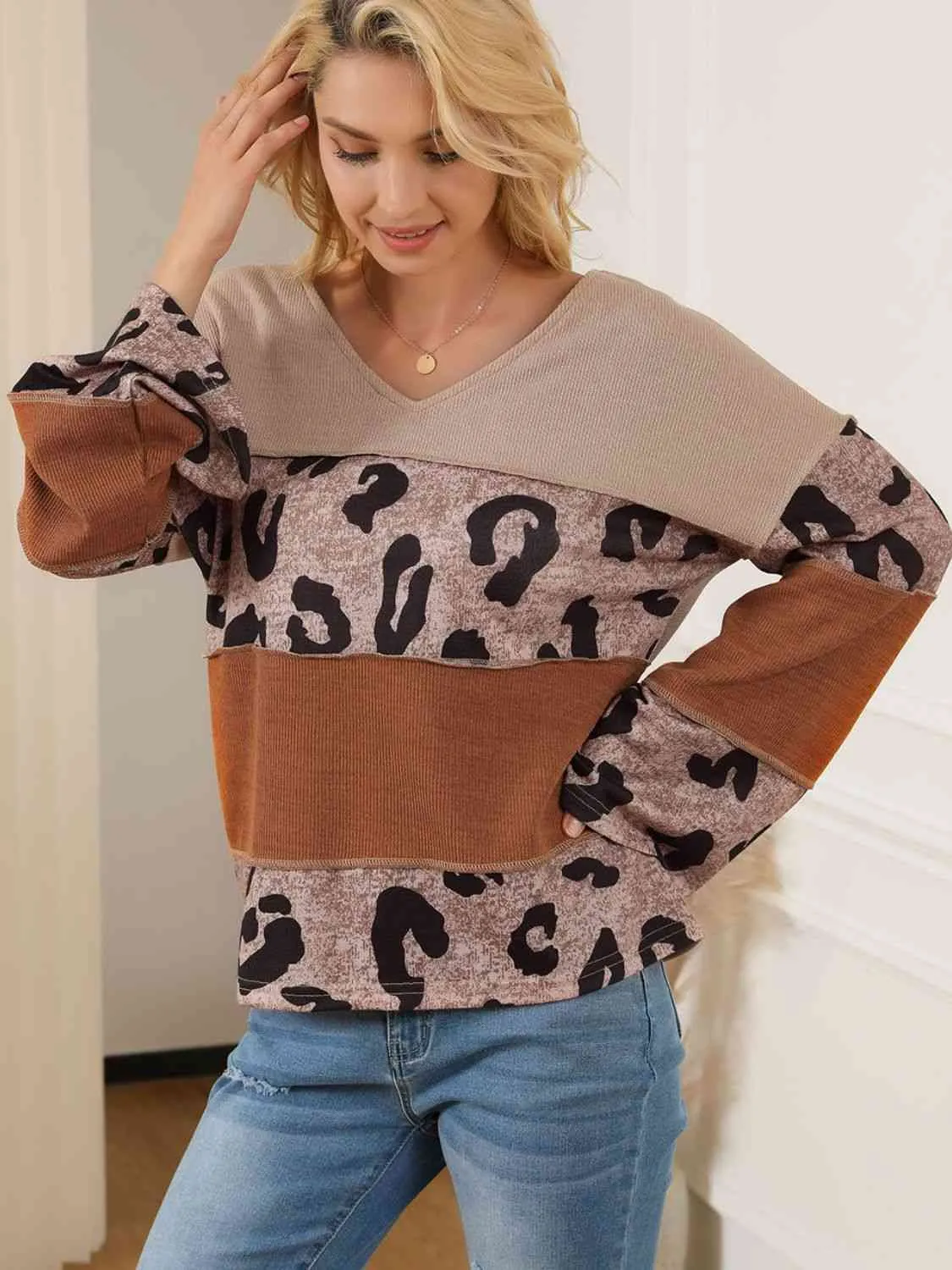 Color Block Leopard V-Neck Blouse (2 Colors)