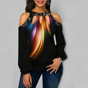 Colorblock Cold Shoulder Sequins Blouse
