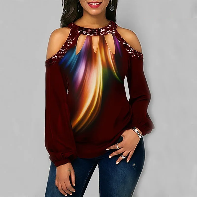 Colorblock Cold Shoulder Sequins Blouse