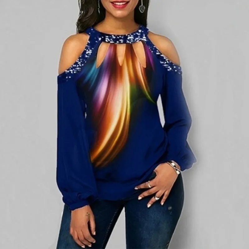 Colorblock Cold Shoulder Sequins Blouse