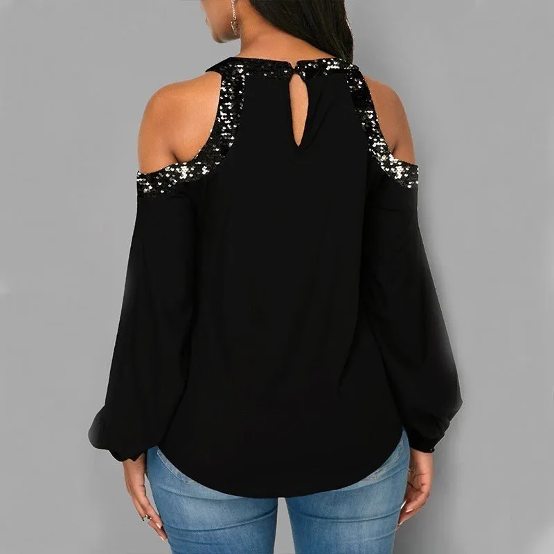 Colorblock Cold Shoulder Sequins Blouse