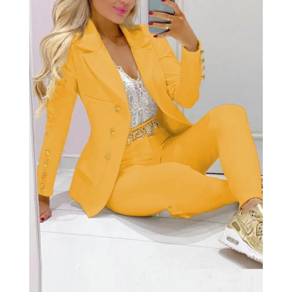 ContiNent 33 Femme Formal Jacket Trousers Office Lady Outfits Autumn Women two Pieces set Chain Print Blazer Coat Pants Suit Sets